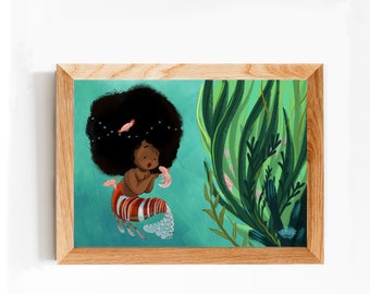 Mermay 2018 Axolotl by Rizzyfig. Whimsical Mermaid Wall Art for Your Home. Black Mermaid Art Print. Axolotl Art.