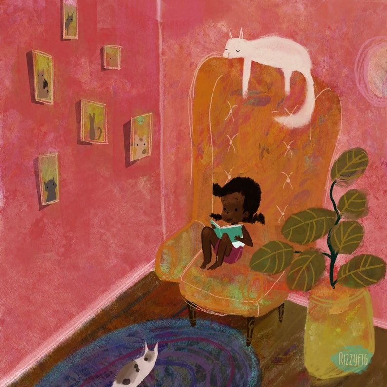 Reading Nook by Rizzyfig. Whimsical Wall Art for Your Home. Square Art Print. Cute Art Print. image 2