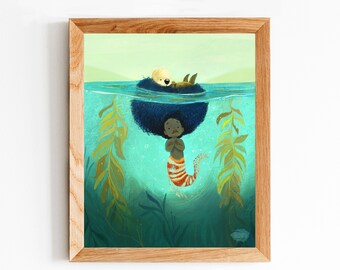 Mermay 2018 Otter Lounge by Rizzyfig. Whimsical Mermaid Wall Art for Your Home. Black Mermaid Art Print. Otter Art.