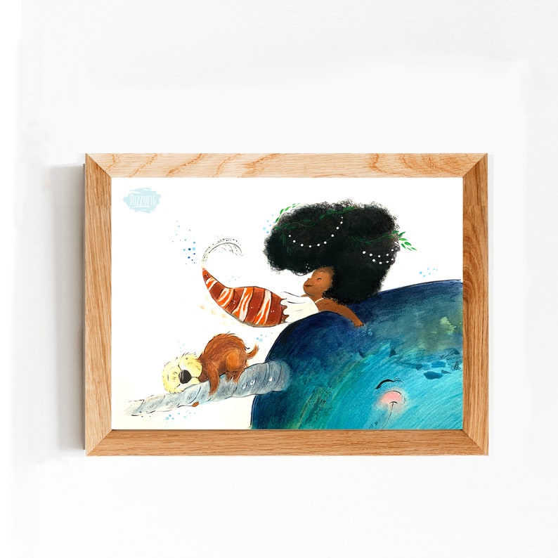 Mermay 2020 Narwhal Ride by Rizzyfig. Whimsical Mermaid Wall Art for Your Home. Black Mermaid Art Print. Black Art. image 1