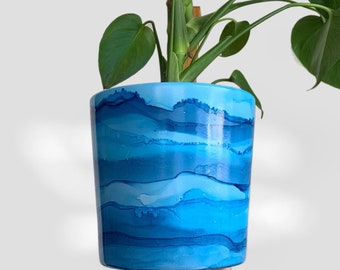 Hand Painted Plant Pot with Drainage Hole, Ceramic Pot, Blue, Marble, Fluid Art Pot Planter, Indoor Pot, Colourful, Terracotta, Alcohol Ink
