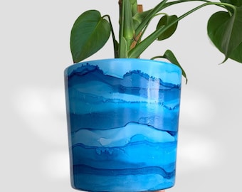 Hand Painted Plant Pot with Drainage Hole, Ceramic Pot, Blue, Marble, Fluid Art Pot Planter, Indoor Pot, Colourful, Terracotta, Alcohol Ink