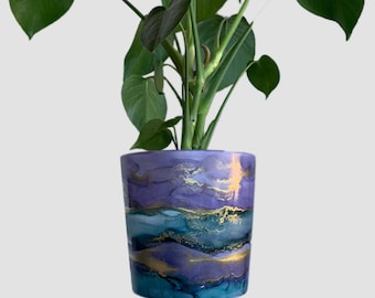 Hand Painted Plant Pot with Drainage Hole, Ceramic Pot, Purple, Turquoise, Blue and Gold, Fluid Art Pot Planter, Indoor Pot, Colourful, Gift