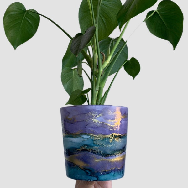 Hand Painted Plant Pot with Drainage Hole, Ceramic Pot, Purple, Turquoise, Blue and Gold, Fluid Art Pot Planter, Indoor Pot, Colourful, Gift