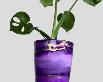 Cache-pot peint à la main avec trou de drainage, pot en céramique, violet, lilas et or, cache-pot artistique fluide, pot d'intérieur, coloré, marbre, unique