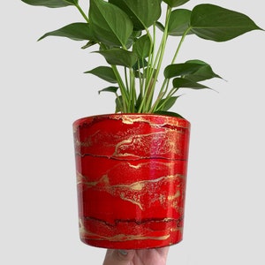 Hand Painted Plant Pot with Drainage Hole, Ceramic Pot, Red and Gold, Fluid Art Pot Planter, Indoor Pot, Colorful, Marble, Alcohol Ink, Gift