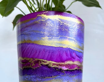 Hand Painted Plant Pot with Drainage Hole, Ceramic Pot, Pink, Purple and Gold, Fluid Art Pot Planter, Indoor Pot, Colourful, Alcohol Ink