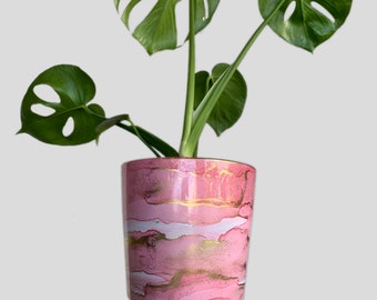Hand Painted Plant Pot with Drainage Hole, Terracotta Pot, Light Pink, Peach and Gold, Fluid Art Pot Planter, Indoor Pot, Colourful, Marble