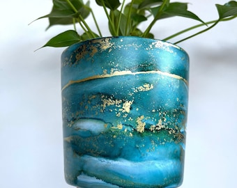 Hand Painted Plant Pot with Drainage Hole, Ceramic Pot, Turquoise, Blue, Teal, Green and Gold, Fluid Art Planter, Indoor Pot, Alcohol Ink
