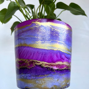 Hand Painted Plant Pot with Drainage Hole, Ceramic Pot, Pink, Purple and Gold, Fluid Art Pot Planter, Indoor Pot, Colourful, Alcohol Ink