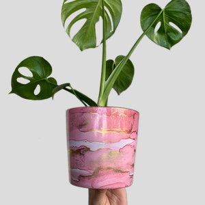 Hand Painted Plant Pot with Drainage Hole, Terracotta Pot, Light Pink, Peach and Gold, Fluid Art Pot Planter, Indoor Pot, Colourful, Marble image 1