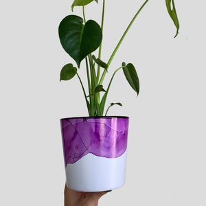 Hand Painted Plant Pot with Drainage Hole, Ceramic, Purple and White, Modern Fluid Art Pot Planter, Indoor Pot, Colourful Planter, Violet image 1