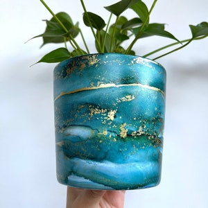 Hand Painted Plant Pot with Drainage Hole, Ceramic Pot, Turquoise, Blue, Teal, Green and Gold, Fluid Art Planter, Indoor Pot, Alcohol Ink