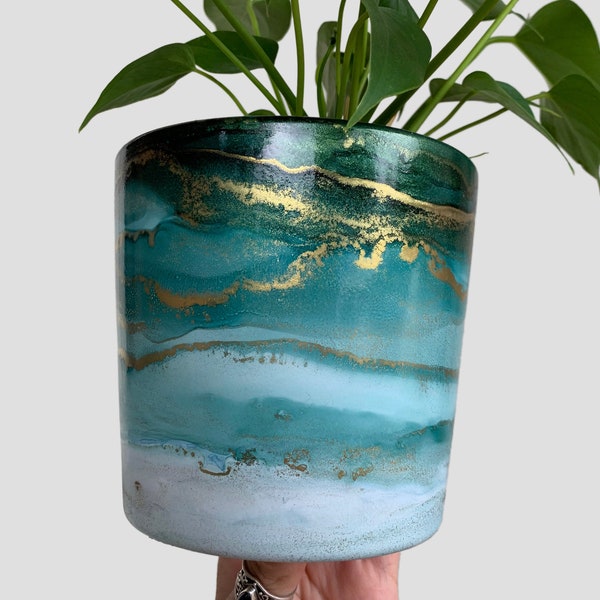 Hand Painted Plant Pot with Drainage Hole, Ceramic Pot, Turquoise, Blue, Teal and Gold, Fluid Art Pot Planter, Indoor Pot, Colorful, Marble