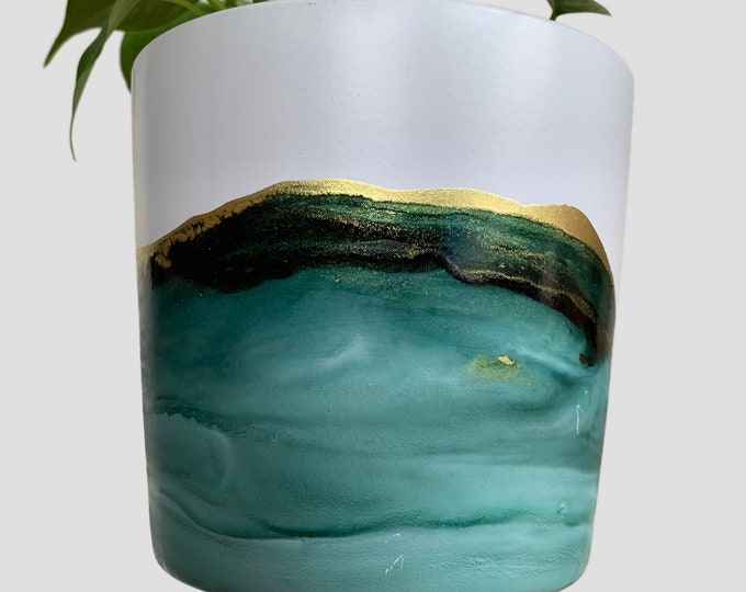 Hand Painted Plant Pot with Drainage Hole, Ceramic Pot, Turquoise, Blue, White and Gold, Fluid Art Pot Planter, Indoor Pot, Colorful, Marble
