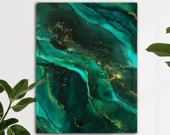 20" Original Resin Art Painting, Fluid Art with Gold Edges, Mounted onto Wood, Turquoise, Green, Gold, Marble Effect, Wall Decor, Abstract