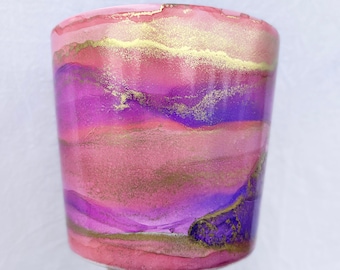 Hand Painted Plant Pot with Drainage Hole, Terracotta Pot, Light Pink, Purple, Peach and Gold, Fluid Art Pot Planter, Indoor Pot, Colourful