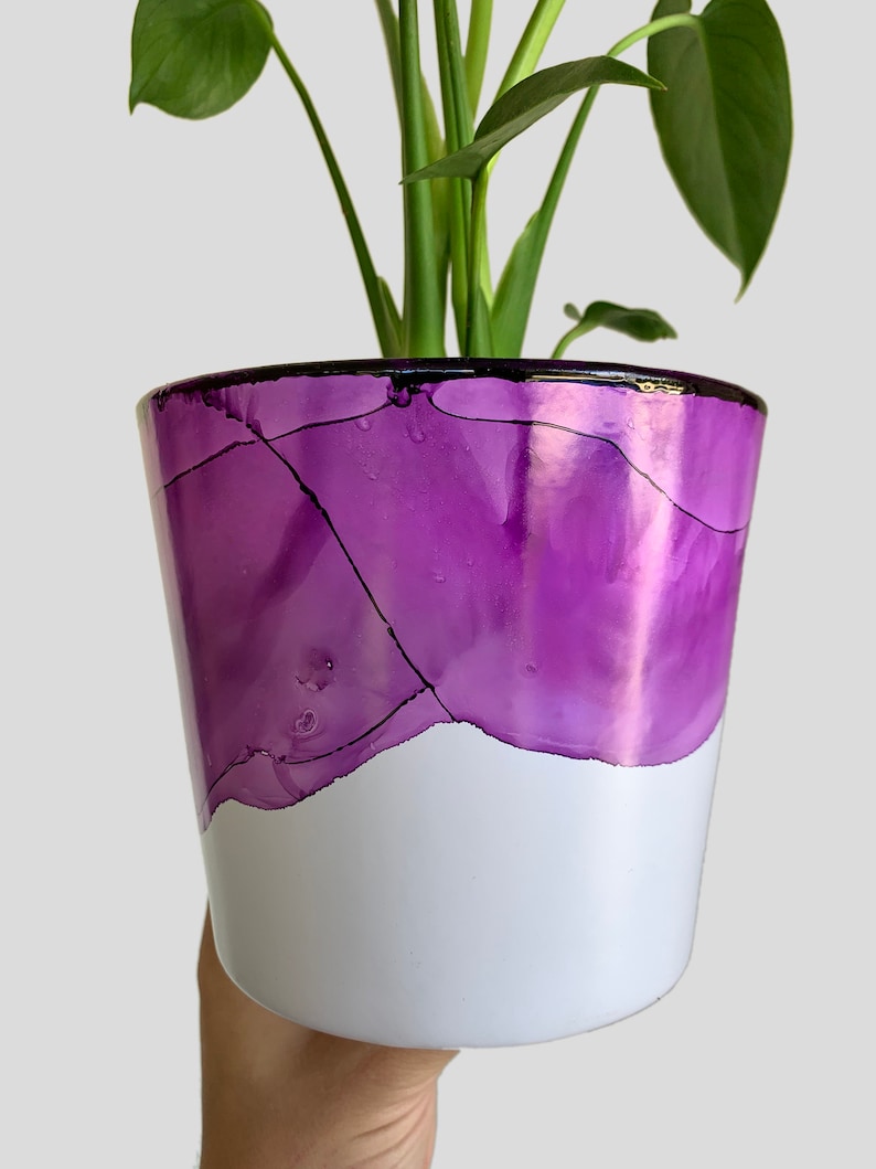 Hand Painted Plant Pot with Drainage Hole, Ceramic, Purple and White, Modern Fluid Art Pot Planter, Indoor Pot, Colourful Planter, Violet image 2