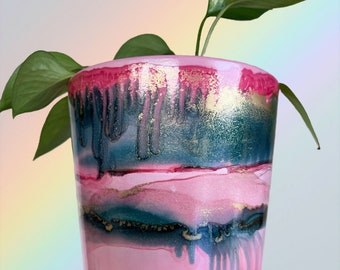 Hand Painted Plant Pot with Drainage Hole, Ceramic Pot, Pink, Blue and Gold, Fluid Art Pot Planter, Indoor Pot, Colourful, Alcohol Ink