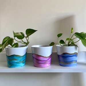 May include: Three white ceramic plant pots with abstract designs. Each pot has a white upper section and a lower section with teal, pink, and blue with gold accents. Green plants are in each pot. The pots are on a white shelf.