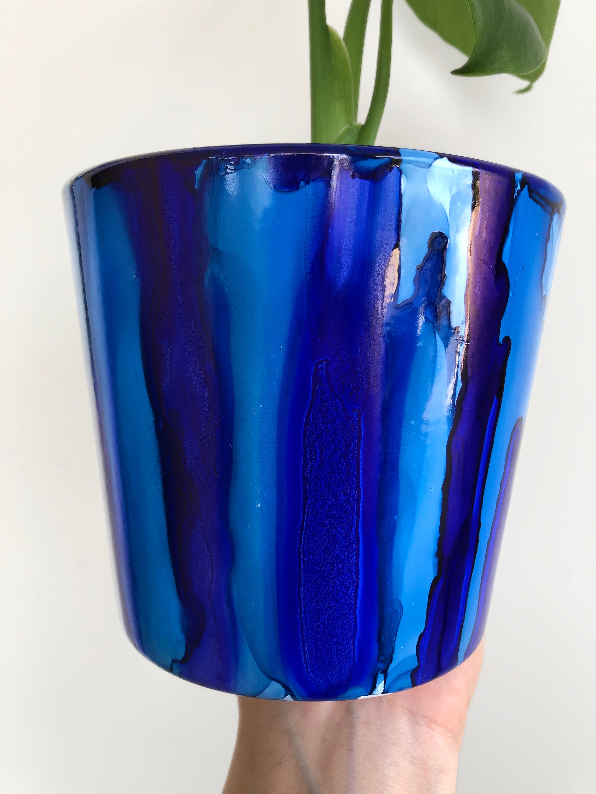 Fluid Art Planter Hand Painted Plant Pot Ceramic Blue Etsy