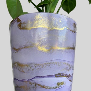 Hand Painted Plant Pot with Drainage Hole, Terracotta Pot, Lavender, Lilac, Light Purple and Gold, Fluid Art Pot Planter, Indoor Pot, Marble image 3