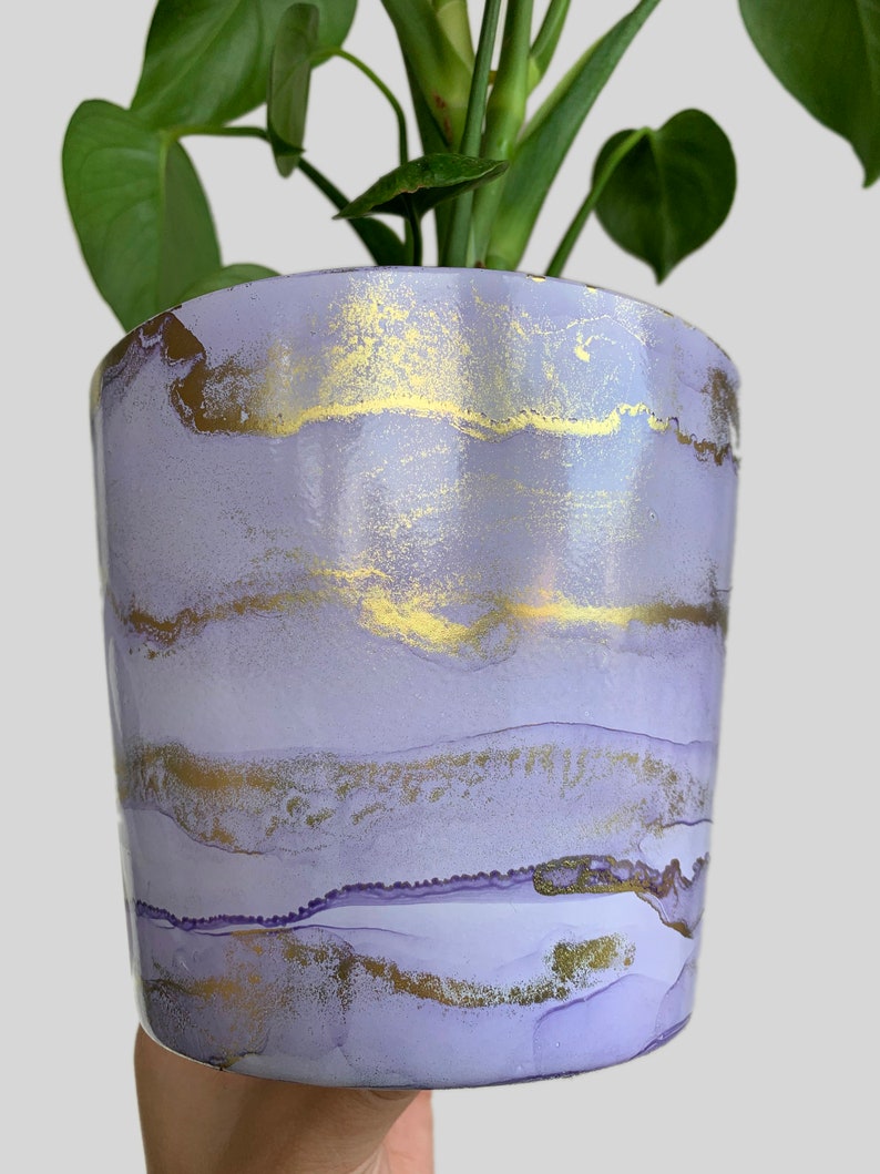Hand Painted Plant Pot with Drainage Hole, Terracotta Pot, Lavender, Lilac, Light Purple and Gold, Fluid Art Pot Planter, Indoor Pot, Marble image 3