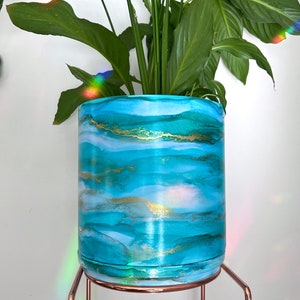 Large Hand Painted Plant Pot with Drainage and Saucer, Ceramic Pot, Turquoise, Teal, Green, Blue and Gold, Fluid Art Planter, Indoor