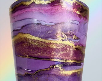 Hand Painted Plant Pot with Drainage Hole, Ceramic Pot, Purple, Pink and Gold, Fluid Art Pot Planter, Indoor Pot, Marble, Unique