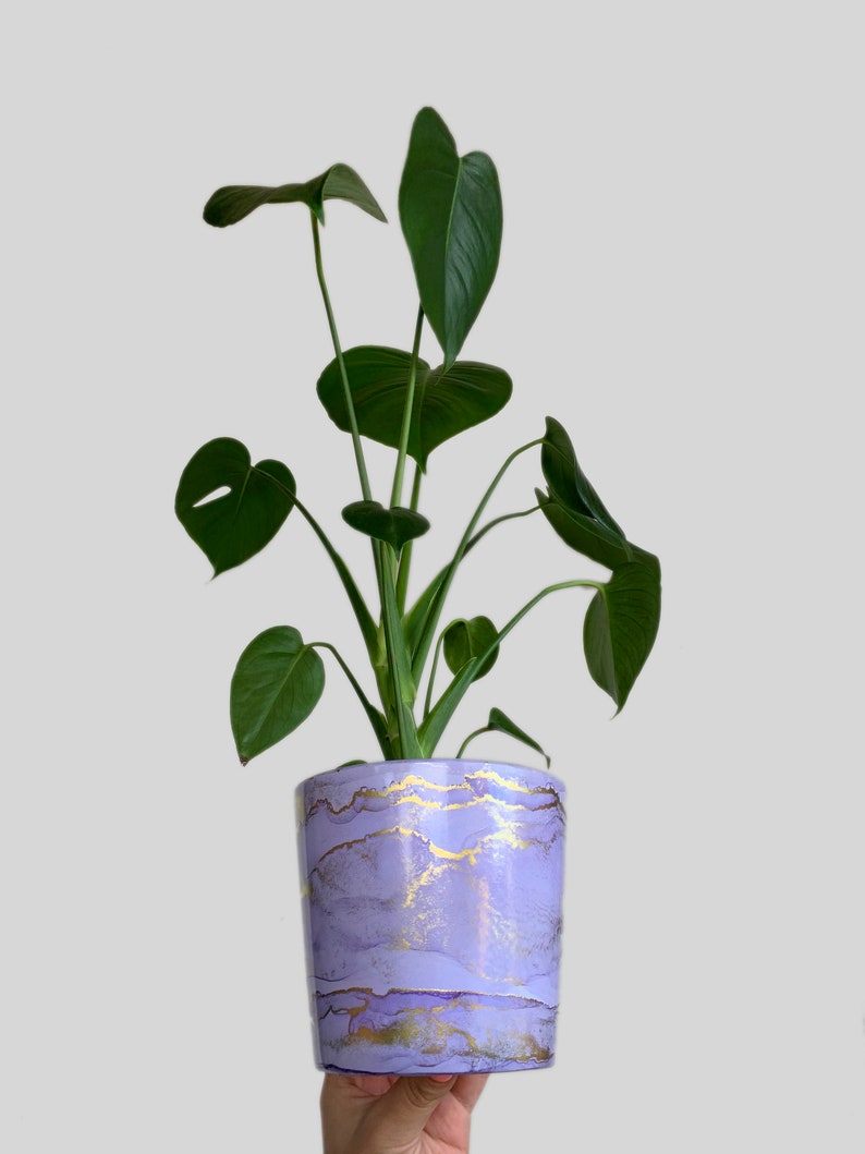 Hand Painted Plant Pot with Drainage Hole, Terracotta Pot, Lavender, Lilac, Light Purple and Gold, Fluid Art Pot Planter, Indoor Pot, Marble image 1