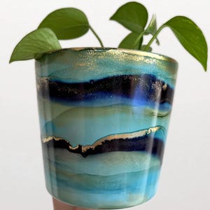 May include: A blue and green ceramic planter with gold accents. The planter has a wavy, abstract design and is filled with a green plant.