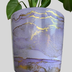 Hand Painted Plant Pot with Drainage Hole, Terracotta Pot, Lavender, Lilac, Light Purple and Gold, Fluid Art Pot Planter, Indoor Pot, Marble image 2