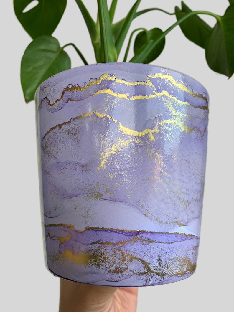 Hand Painted Plant Pot with Drainage Hole, Terracotta Pot, Lavender, Lilac, Light Purple and Gold, Fluid Art Pot Planter, Indoor Pot, Marble image 2