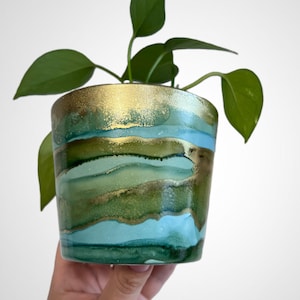 May include: A small, green and gold striped ceramic planter with a green plant inside. The planter has a gold rim and a light blue stripe.