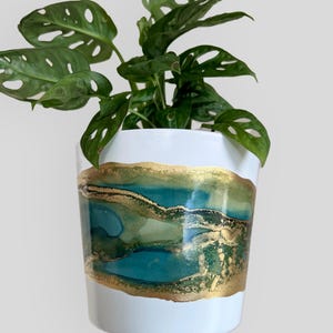 May include: White ceramic planter with a green and gold abstract design. The planter is filled with a green plant with large, holey leaves.