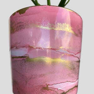 Hand Painted Plant Pot with Drainage Hole, Terracotta Pot, Light Pink, Peach and Gold, Fluid Art Pot Planter, Indoor Pot, Colourful, Marble image 2