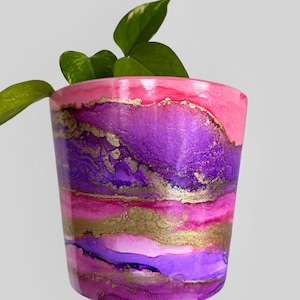 Hand Painted Plant Pot with Drainage Hole, Ceramic Pot, Purple, Pink, Peach, Gold, Fluid Art Pot Planter, Indoor Pot, Colourful, Alcohol Ink