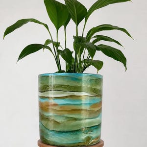 23 cm, 9 Zoll, großer handbemalter Keramik Terrakotta Blumentopf, Alkohol Tinte Pflanzgefäß, Salbei, Grün, Petrol, Blau, Gold Fluid Art, Innentopf