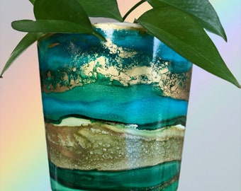 Hand Painted Plant Pot with Drainage Hole, Terracotta Pot, Blue, Turquoise, Green and Gold, Fluid Art Pot Planter, Indoor Pot, Marble, Gift