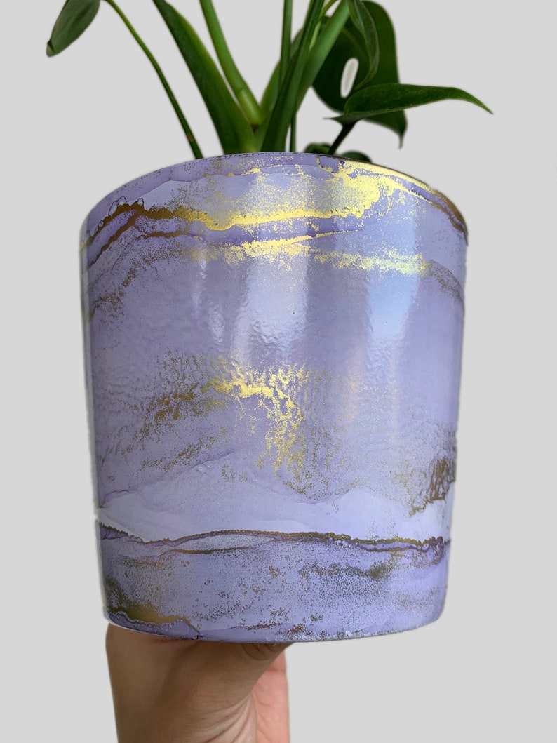Hand Painted Plant Pot with Drainage Hole, Terracotta Pot, Lavender, Lilac, Light Purple and Gold, Fluid Art Pot Planter, Indoor Pot, Marble image 4