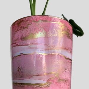 Hand Painted Plant Pot with Drainage Hole, Terracotta Pot, Light Pink, Peach and Gold, Fluid Art Pot Planter, Indoor Pot, Colourful, Marble image 3