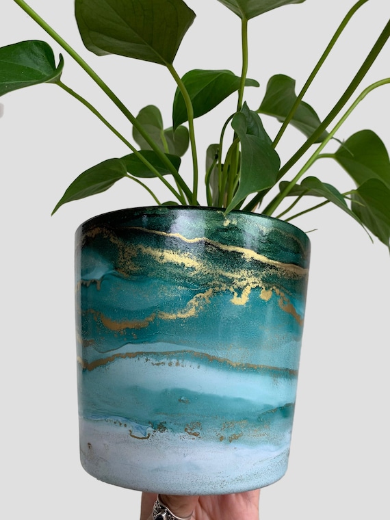 14cm Hand Painted Ceramic Terracotta Plant Pot, Alcohol Ink Planter,  Turquoise, Blue, Teal, Gold Fluid Art, Indoor Pot, Colourful, Gift - Etsy
