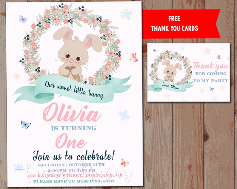 Bunny birthday invitation Our sweet little bunny invitation Girl first birthday Floral rabbit invitation Woodland animal Rabbit party invite