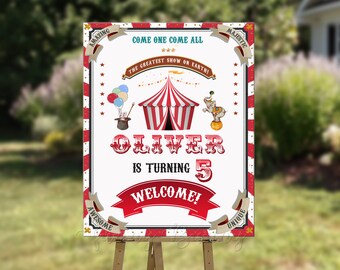Carnivals Circus Printed on Foam Board Personalized Birthday Welcome Sign Welcome Poster Board Stripe Line Background Red Curtain