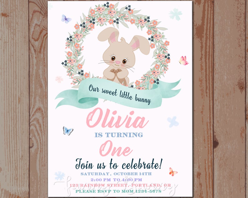 Bunny birthday invitation Our sweet little bunny invitation Girl first birthday Floral rabbit invitation Woodland animal Rabbit party invite