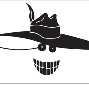 May include: A black and white cartoon illustration of a smiling face wearing a hat with a feather. The face has two round eyes and a wide, toothy grin. The hat has a wide brim.