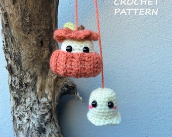 Spooky Halloween Car Hanging Crochet Pattern, Pumpkin Crochet pattern, Ghost Crochet pattern