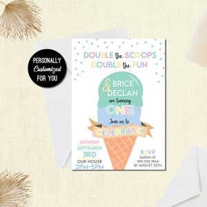 Two Scoops are Better Than One Invitation, Double the Scoops Double the Fun, Twin First Birthday Invitations Ice Cream