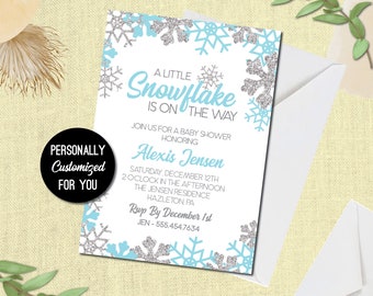 Little Snowflake on the Way Baby Shower Invitation Digital Download, Winter Baby Shower Invitation Blue, Snowflake Baby Shower Invitation