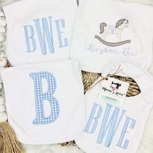 Rocking horse embroidered bib & burp cloth set- baby boy